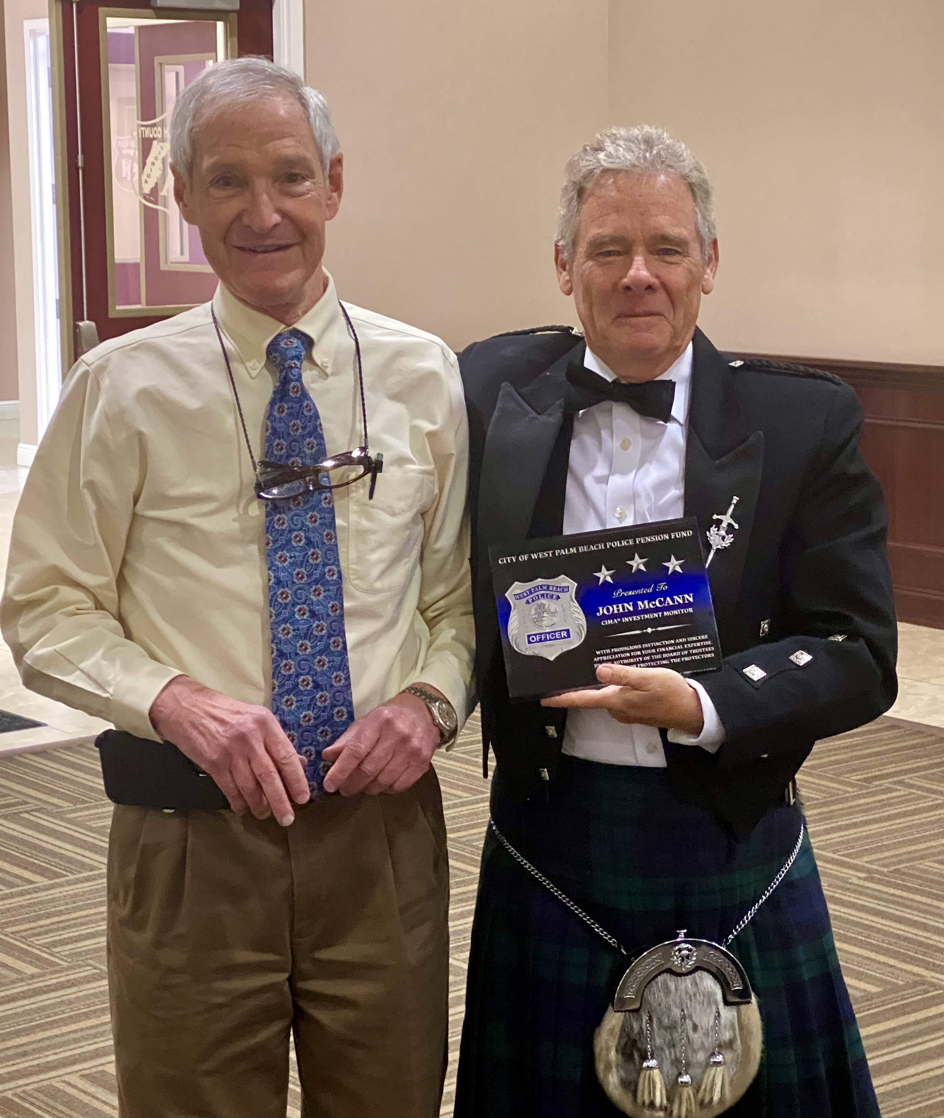 November 12, 2021: On behalf of the Board of Trustees, Chairman Jack Frost (Pictured L) presented John McCann a token of appreciation. John is the Investment Monitor serving since 2009 and is retiring in December. Under Johnâ€™s watch the fund has increased from 174 million to 483 million. Amazing work John and we wish him many years of happiness in the next chapter of his life.